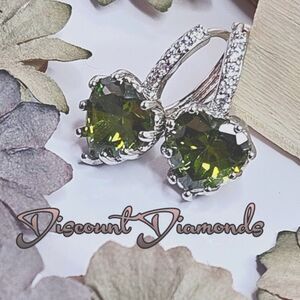 Green Peridot Dangle Earrings & White Baguette Diamonds on 925 Silver